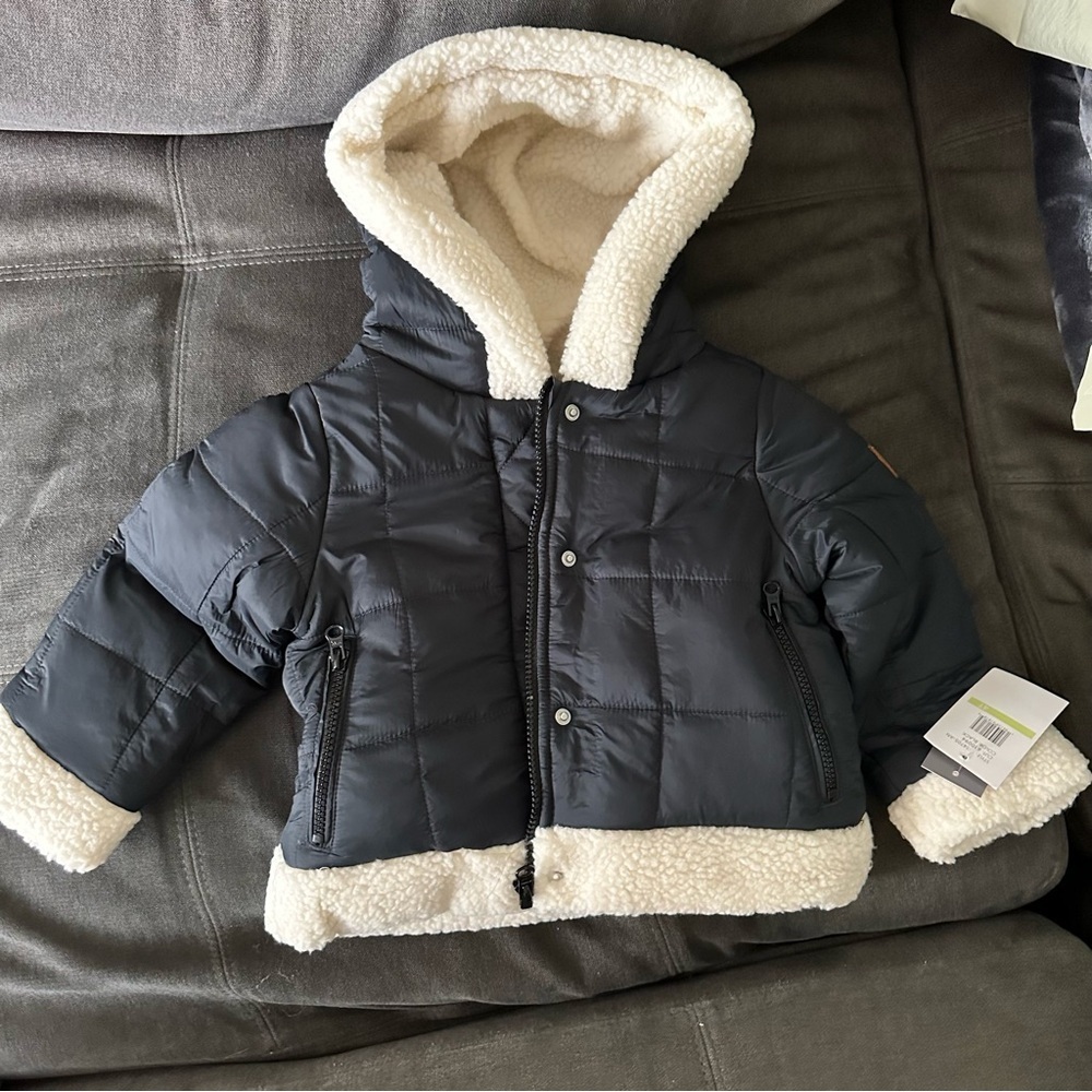 London Fog Black Puffer Jacket with Cream Sherpa Trim